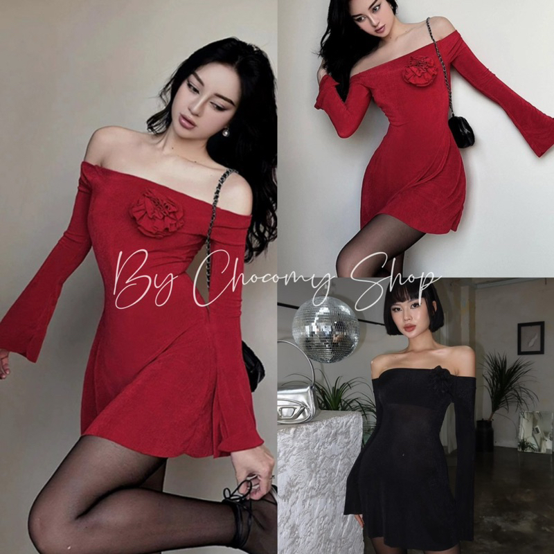 Đầm bệt vai tay dài tay loa đính hoa nổi xinh xắn dự tiệc cho nữ -ChocomyShop