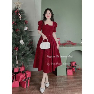 Đầm xòe dự tiệc tay phồng cổ xếp li cách điệu chiết eo dáng dài sang trọng chất liệu nhung kim tuyến cao cấp