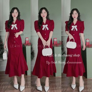 Đầm nhung đuôi cá dáng dài, váy nữ ôm body tôn dáng phối nơ đính ngọc sang chảnh
