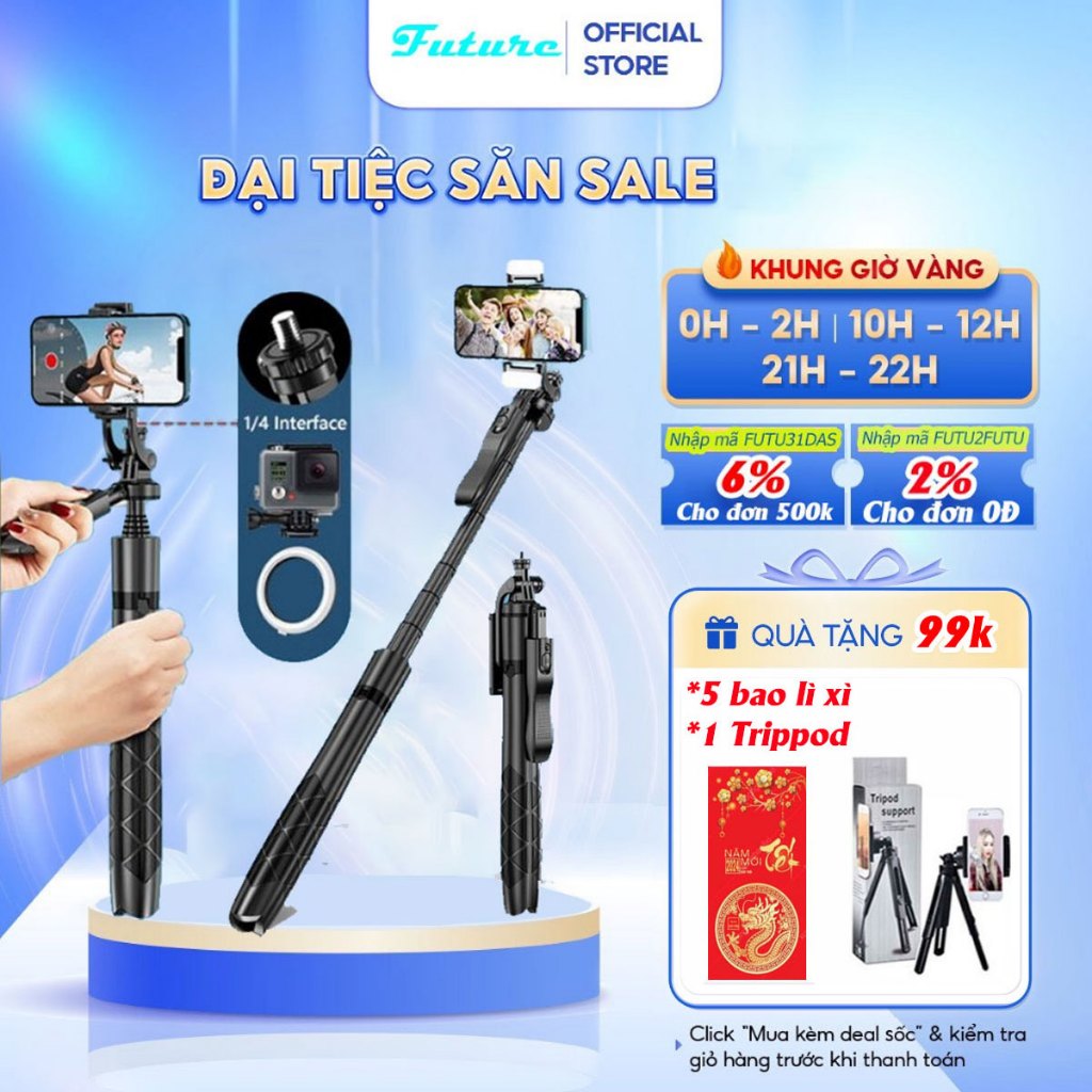 Gậy chụp ảnh 3 chân L16 cao 1m55 - Gậy selfie 3 chân cao cấp điều khiến bluetooth có đèn trợ sáng - Hỗ trợ gắn máy ảnh