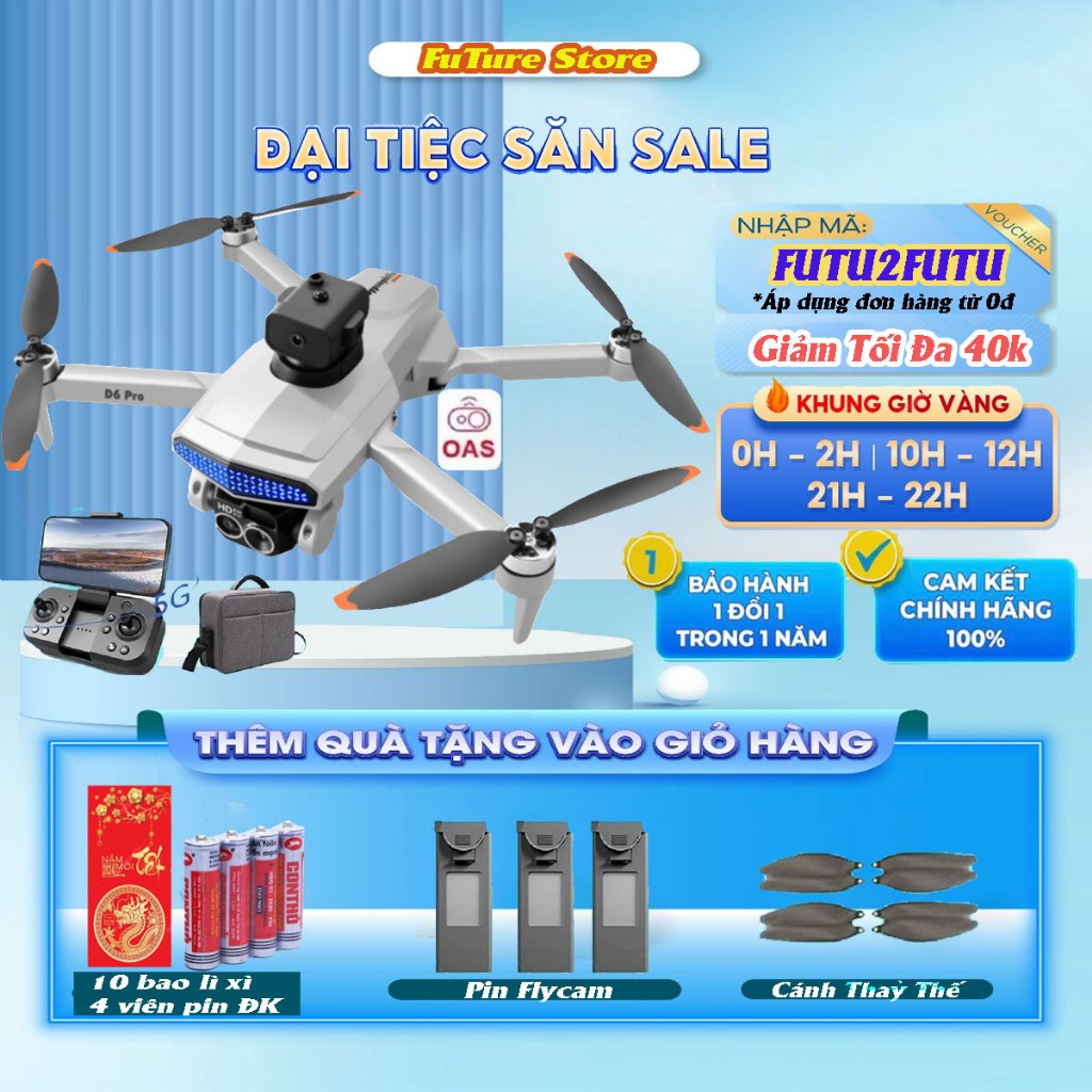 Play cam camera full HD siêu nét D6 PRO, Flycam mini động cơ không chổi than, Cảm biến chống va chạm, Camera 4k