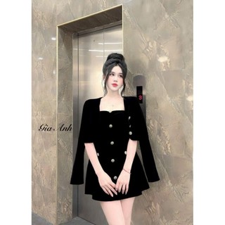 Đầm thời trang nữ mặc tết chất nhung cứng đính nút kèm áo khoác tay dài mix váy chữ A ngắn mini 2 màu đen đỏ.