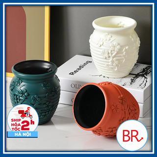 Bình hoa trắng in nổi giả gốm trang trí nhà cửa - Bình nhựa cắm hoa vân hoa đào in nổi, Lọ hoa trắng sứ decor Tết 02117