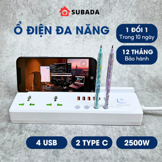 Ổ cắm điện đa năng 2500W Subada chống giật an toàn có cổng USB và type C kèm gá để bút và điện thoại tiện lợi OD33