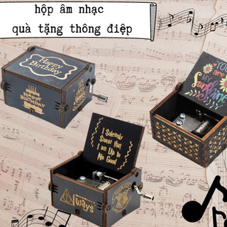 Hộp âm nhạc bằng gỗ khắc chữ quà tặng thông điệp quay bằng tay thủ công phong cách cổ điển