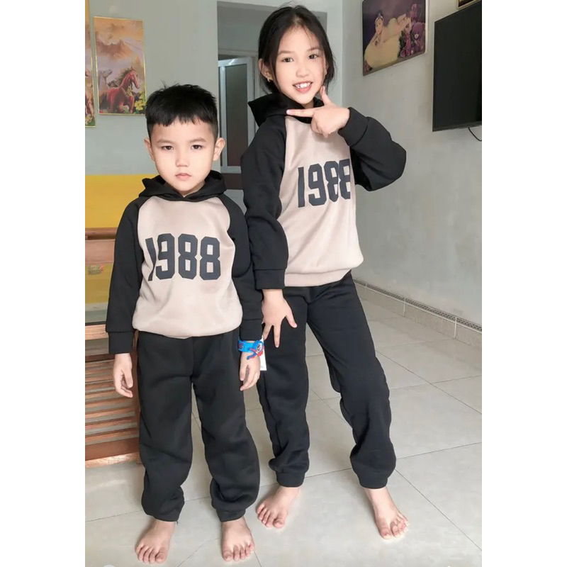 Bộ nỉ bông ấm 1988 cho bé trai bé gái 2 màu có thể tăng size