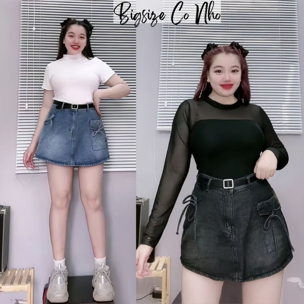 Chân váy jean bò ngắn dáng chữ A Bigsize nữ màu xanh bụi basic cách điệu cột nơ xinh xắn có túi chéo - CV403