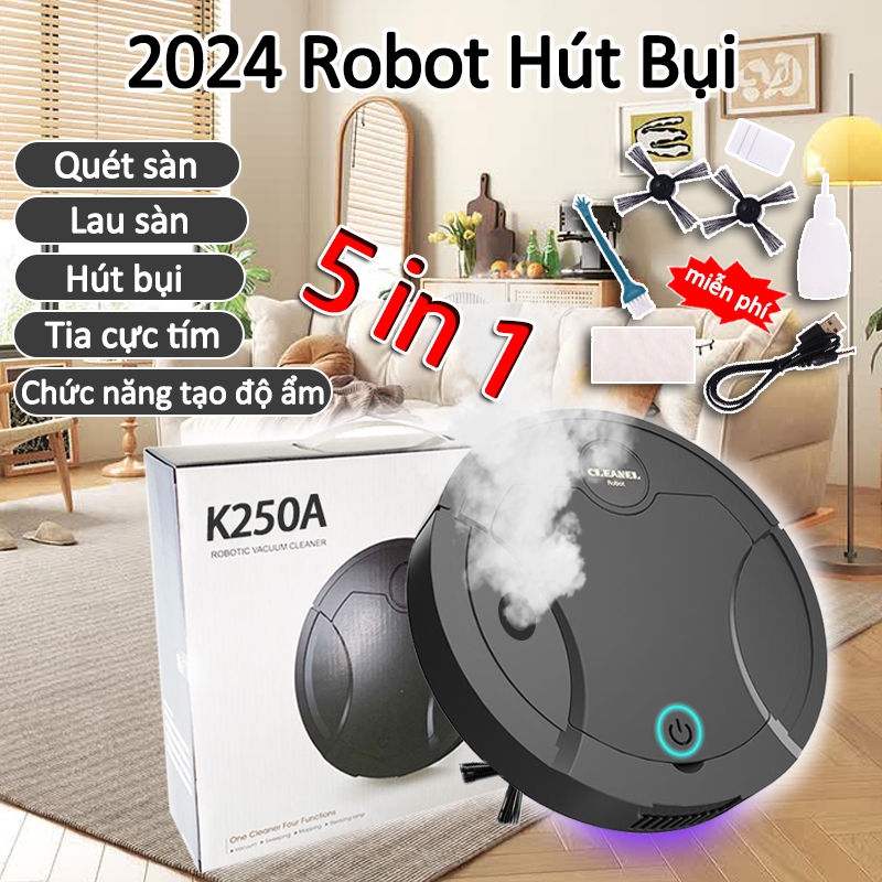 2024 Robot Hút Bụi Lau Nhà có thể sạc lại USB 5 trong 1, Máy tạo độ ẩm, Khử trùng bằng tia cực tím, Quét, lau nhà