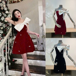 Đầm nhung kim tuyến cúp ngực phối nơ trắng kèm tag nơ Đầm nhung đi chơi Tết Noel Bigsize Kim Ngân từ 50kg đến 100kg DX1