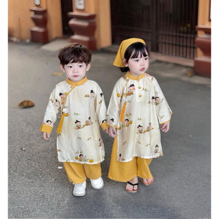 Áo dài cách tân cho bé, set cặp áo dài lụa họa tiết anh em cho bé trai và bé gái 10-30kg