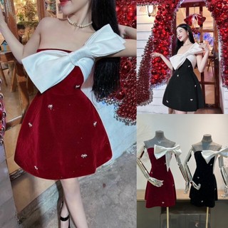 Đầm Nhung Kim Tuyến Cúp Ngực Phối Nơ Trắng Kèm Tag Nơ Đầm Nhung Đi Chơi Tết Noel Bigsize Quỳnh Anh Từ 50kg Đến 100kg DX1