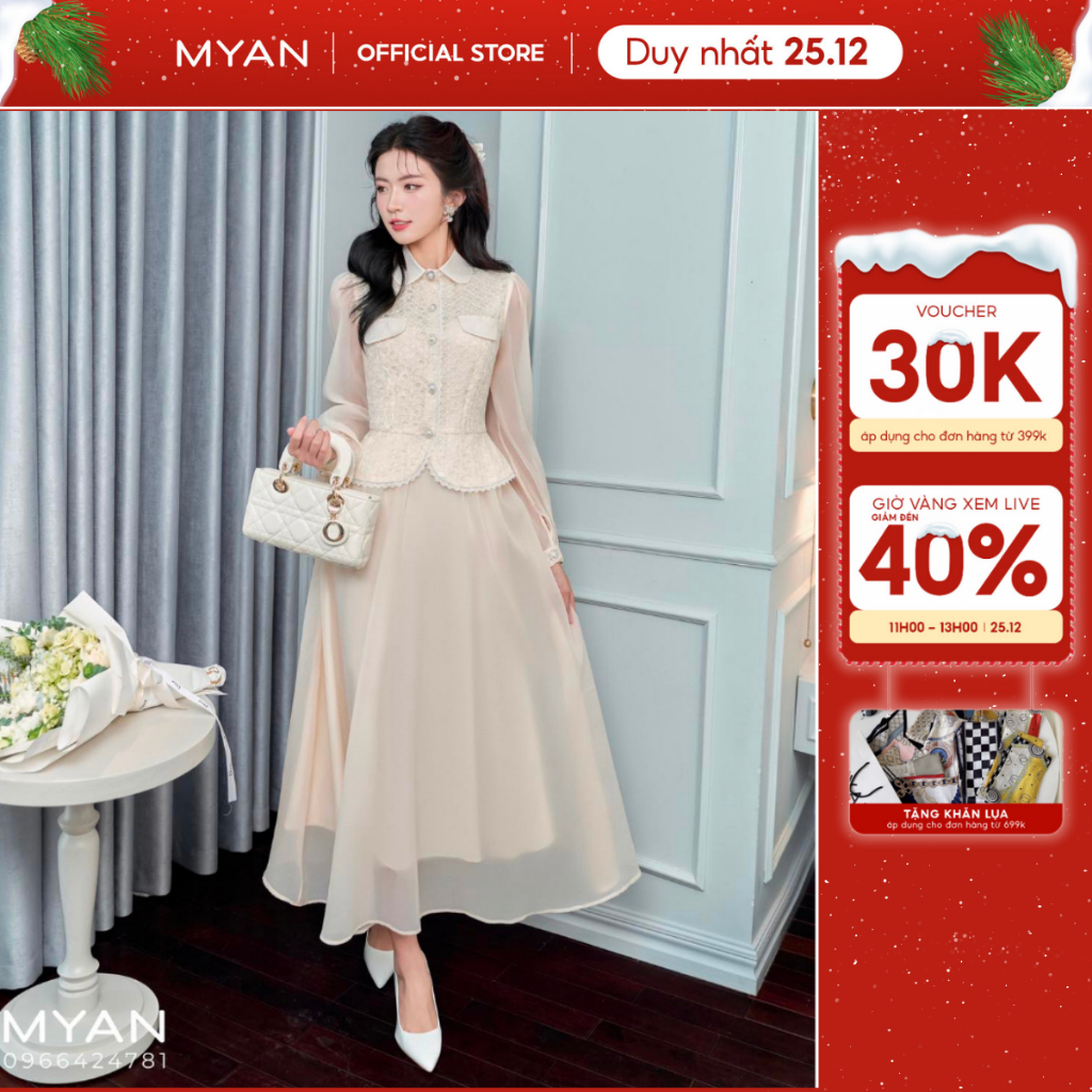 Set chân váy tơ xòe mix áo ren phối tay tơ 2 túi giả cúc ngọc tiểu thư nhẹ nhàng MYAN DESIGN Avn082312 Vvn082309