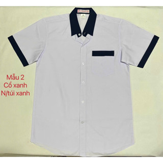 Áo sơ mi nam trắng viền xanh đen đi học sinh tay ngắn cấp 1 2 vải kate hàng tiêu chuẩn 15-40 kg