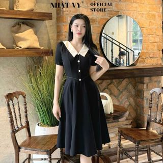 Đầm dự tiệc Nhật Vy cổ V phối bèo đính nút bọc viền chỉ cách điệu chất lụa phù hợp đi chơi dạo phố thanh lịch - D2891