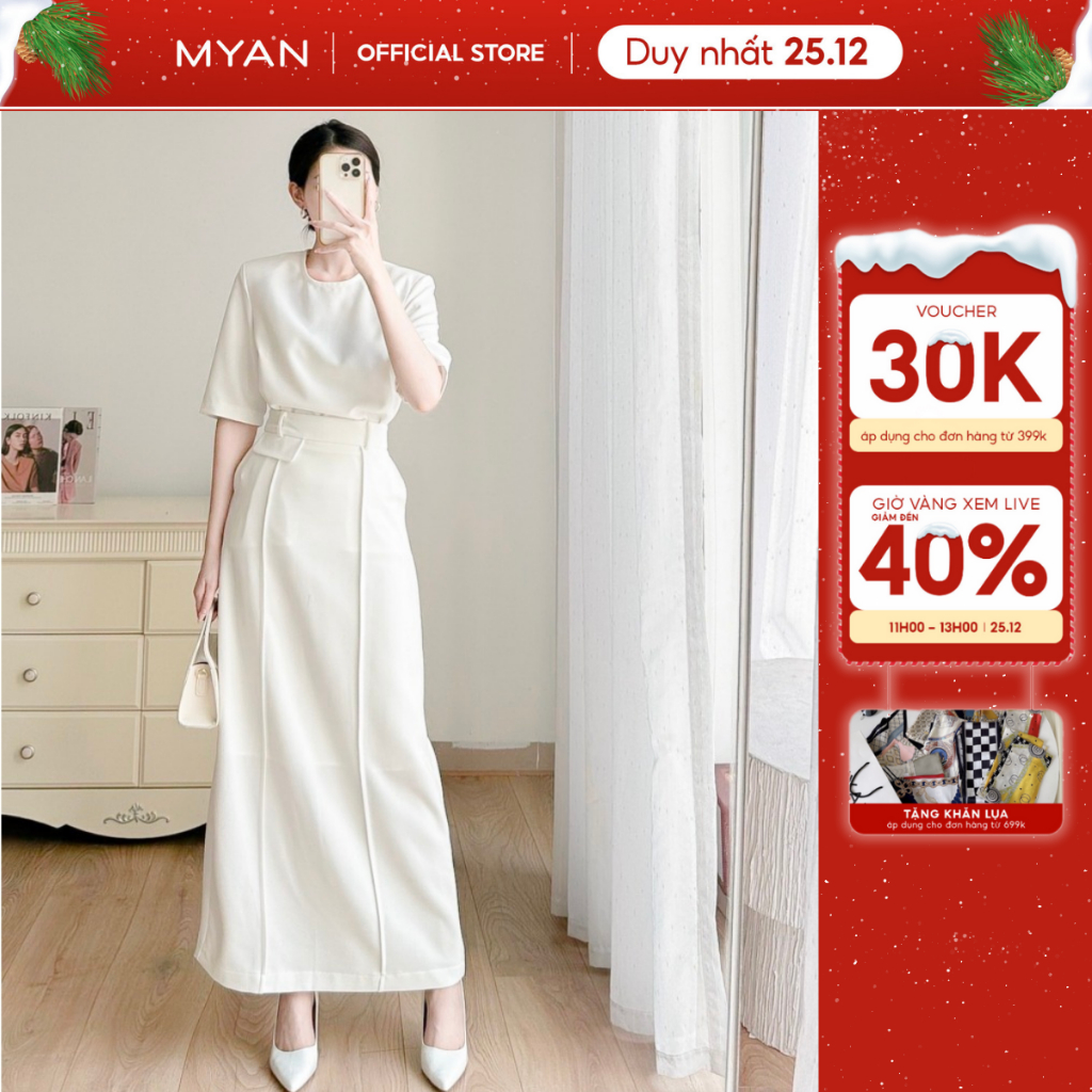 Chân váy cạp cao dáng dài nắp túi lệch 2 màu Trắng Đen dễ phối đồ MYAN DESIGN Vvn102304