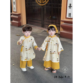 Xả Set áo dài cách tân cặp búp măng cho bé trai bé gái mặc tết