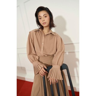 Áo sơ mi nâu nhạt xếp ly ngực & tay SY STORE