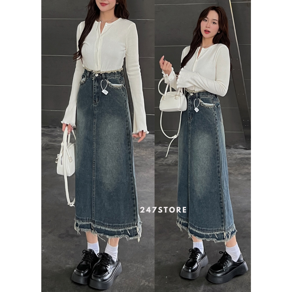 Chân váy jeans dáng dài phối tua rua - 247store.vn - Cv6877_P0k40