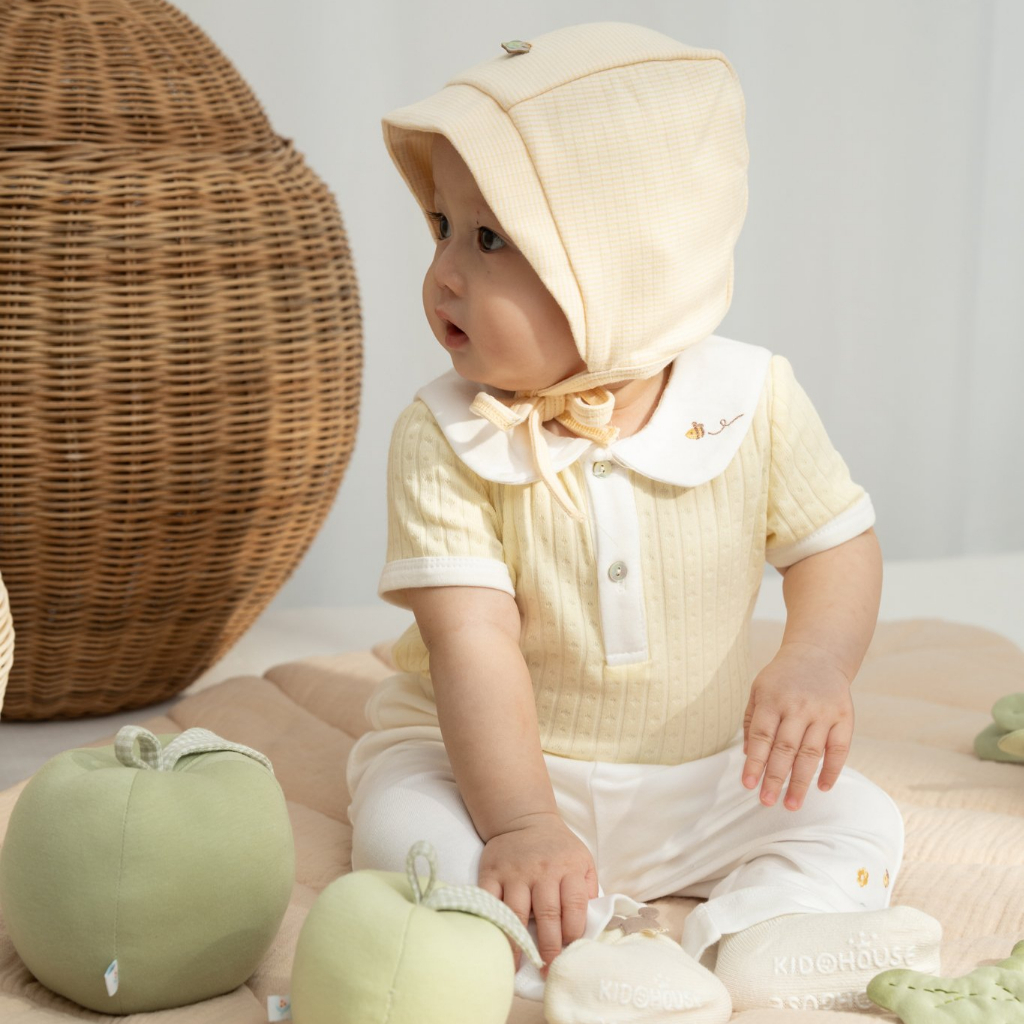 Bộ bodysuit cộc tay màu xanh, vàng, màu trắng in họa tiết cho bé