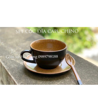 Set cốc đĩa capuchino 250ml gốm sứ Bát Tràng kèm thìa sứ như hình