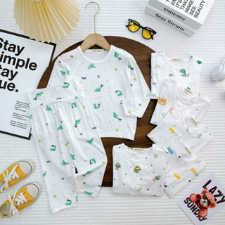 NT122 Bộ dài tay cạp cao đóng bỉm thun lạnh Minky Mom màu trắng in hoạ tiết cho bé, bộ sơ sinh cài nút vai