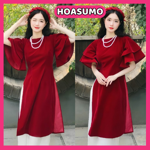 Áo dài cách tân chất nhung tay loe,set áo dài kèm quần Sang Chảnh HB600 HOASUMO