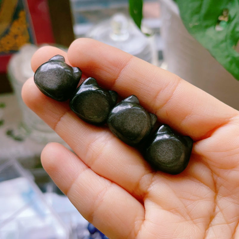 Charm vòng đá Silver Sheen Obsidian hình mèo chiêu tài, Đá năng lượng Bảo vệ obsidian