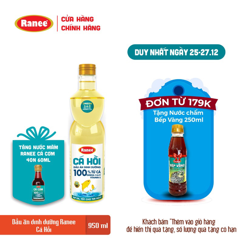 Dầu ăn Dinh Dưỡng Ranee Cá Hồi 950ml + Tặng kèm nước mắm Ranee Cá Cơm 40N 60ml