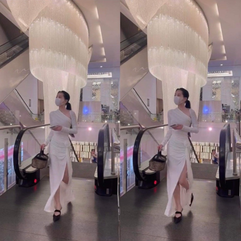 Đầm body nhúng eo xẻ tà đính hoa