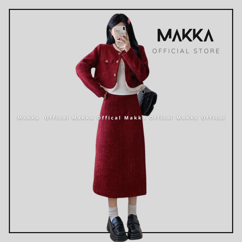 Set nữ MAKKA bộ áo dạ tweed 2 lớp phối tơ viền kèm chân váy 198