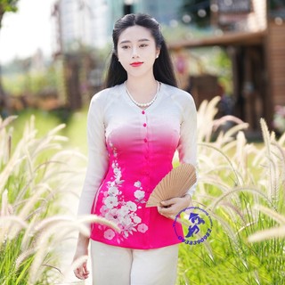 Áo bà ba gấm lụa nữ màu trắng hồng in hoa cổ tim - nam phương. mã sp: gh3d22