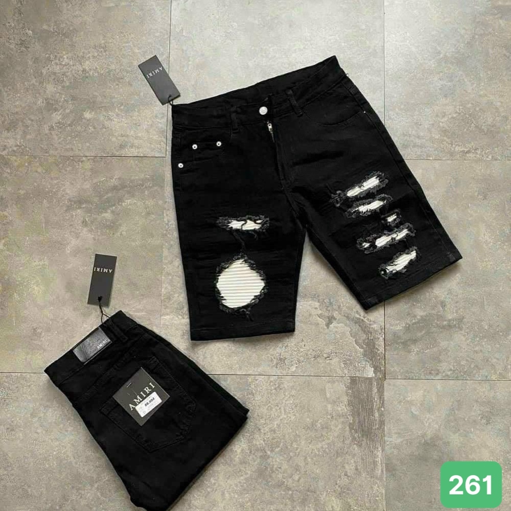 Quần short jean nam rách vá da màu trắng chất bò cotton quần jean nam ngắn vá da QS261c