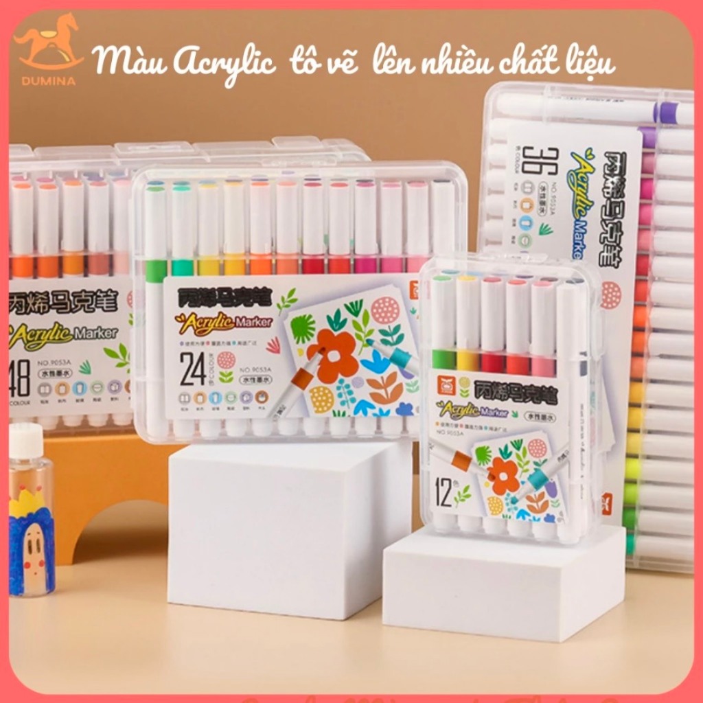 Bút Màu Vẽ Acrylic Marker 12/24/36/48/60 Màu Chuẩn, dùng để vẽ vải/giày/tường/giấy/da/ly