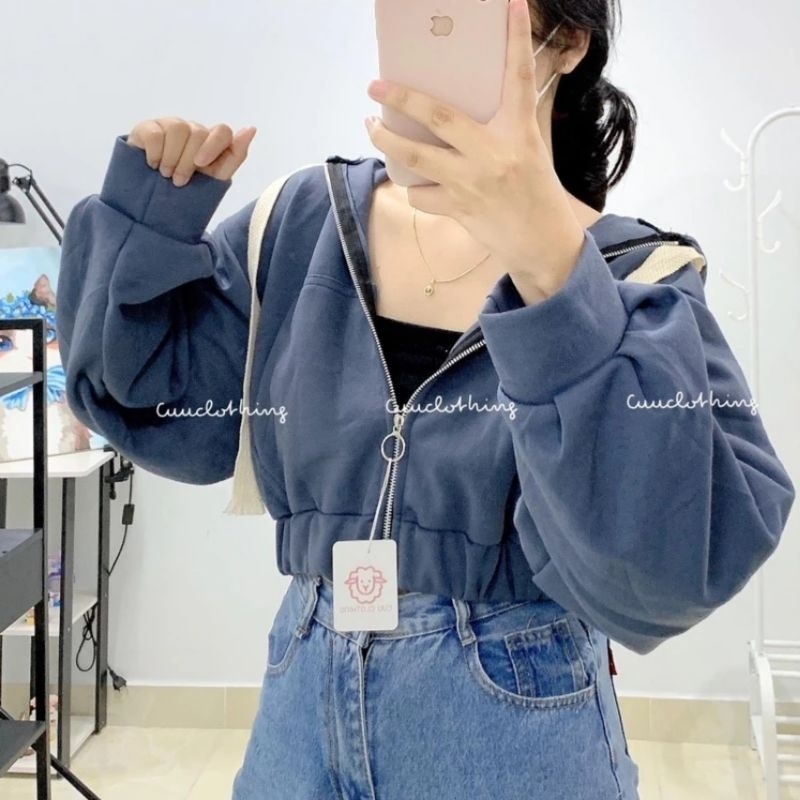 Áo Khoác Nỉ Nữ Dáng Ngắn Croptop Mũ 2 Lớp Dây Bản To