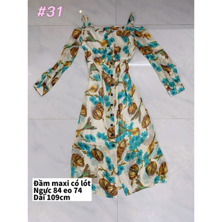 Đầm maxi suông trễ vai tay dài phối nút