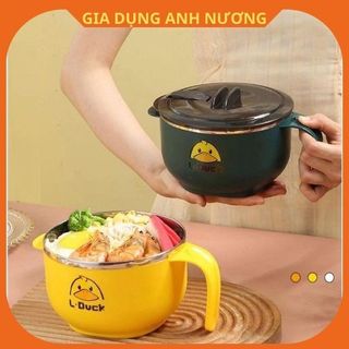 Bát ăn mì, bát ăn cơm inox giữ nhiệt có nắp đậy vịt vàng, trắng cute, bát inox 2 lớp cách nhiệt có nắp đậy kín
