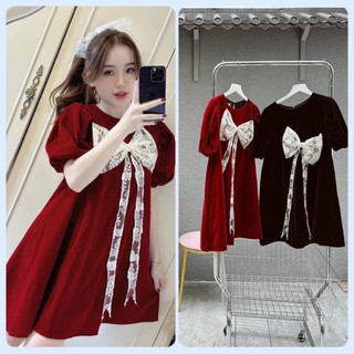 Váy babydoll nhung tay phồng form A đính nơ đầm tiểu thư đi tiệc đầm tết 