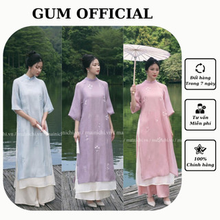 Áo dài cách tân yên chi cổ cao đính ngọc thêu hoa nổi gum official , áo dài dáng xuông 4 tà hoạ tiết thêu hoa cao cấp
