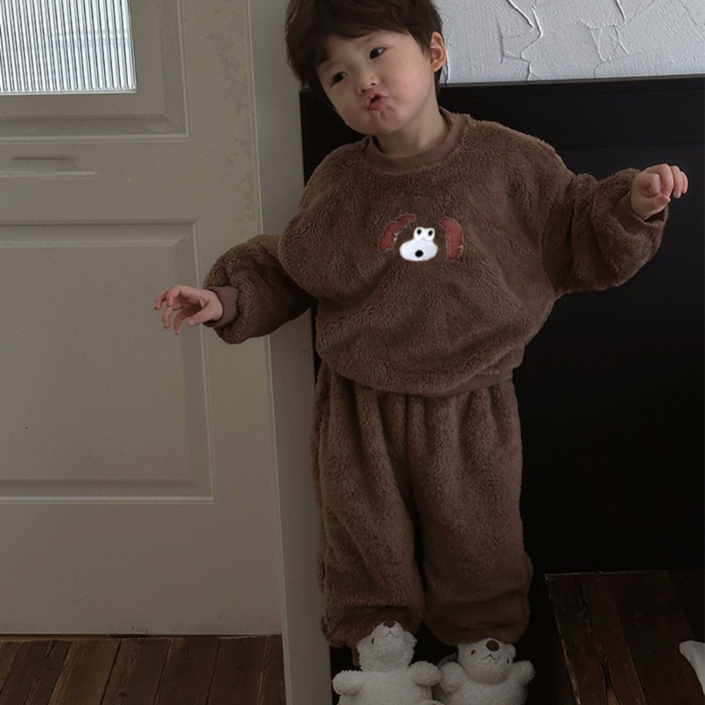 TE407 - Bộ áo + quần lông cho bé trai bé gái Hokiha Kids đáng yêu lót lông ấm áp, mềm mại size 8-14kg