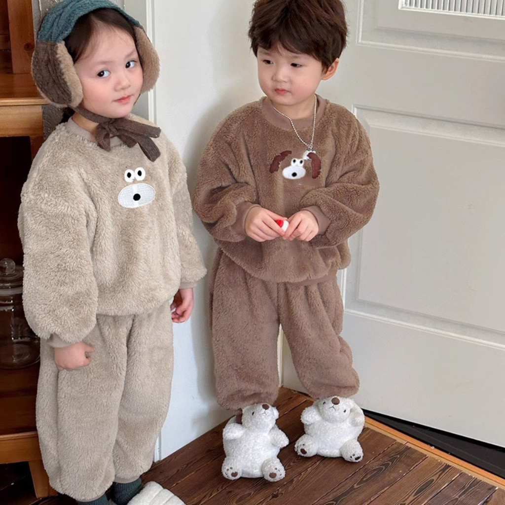 TE407 - Bộ áo + quần lông cho bé trai bé gái Hokiha Kids đáng yêu lót lông ấm áp, mềm mại size 8-14kg