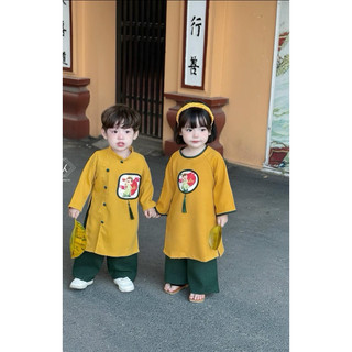 Bộ áo dài bé trai bé gái Bình An màu vàng kèm quần