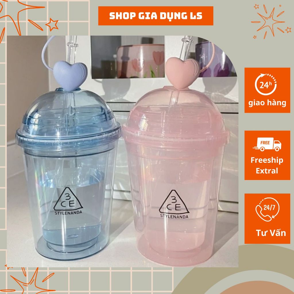 cốc đựng nước 3CE nhựa pp 2 lớp tặng kèm ống hút + nút bịt silicon hình trái tim dung tích 350ml