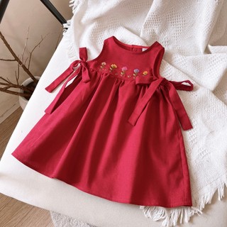   Pinkids  8-30kg   1-7 Tuổi  Váy Đầm Xinh Cho Bé Gái Đỏ Đô- Be Sáng- Hồng Canberry Thêu Hoa Phối Nơ 2 Bên Chất Linen  