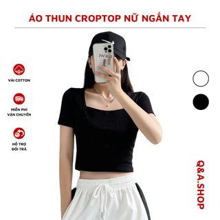 Áo thun croptop nữ ngắn tay cổ vuông form ôm tôn dáng họa tiết trơn basic ct-0019