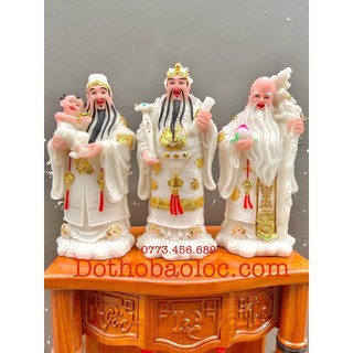 Tượng Phúc Lộc Thọ bằng đá Việt Nam cầu bình an tài lộc cao 36cm màu trắng