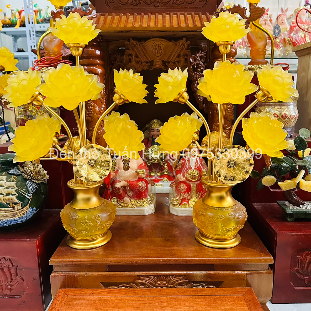 Đèn sen lưu ly bình ngọc chạm sen thân màu đồng cao cấp