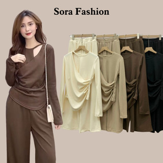 Set Nữ Bigsize Áo Cổ Chéo Nhúm Vạt Eo Sora Fashion,Set Nữ Thu Đông Áo Kiểu Kèm Quần Dài Cullotes Chất Liệu Thun Tăm 124