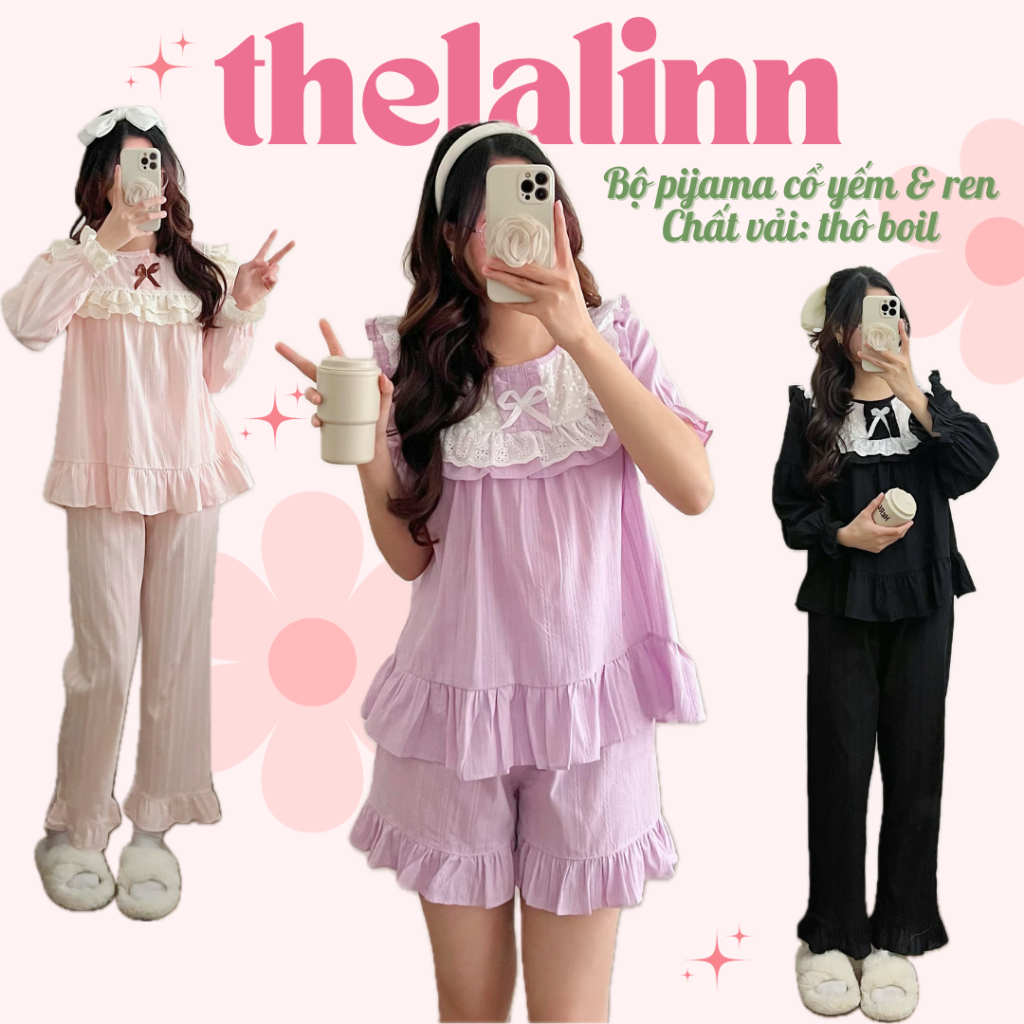 Set pijama chất thô boil tiểu thư thiết kế phối ren cao cấp. Bộ ngủ nữ ngắn dài thoáng mát màu pastel