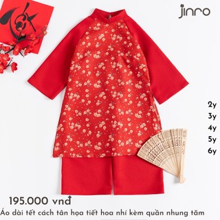   JINRO  Áo dài tết cách tân họa tiết hoa nhí kèm quần nhung tăm cho bé gái 2 đến 6 tuổi 