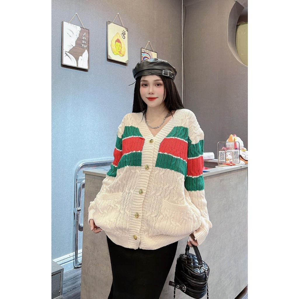 Áo khoác len Cardigan Gucci nữ kẻ viền 3 sọc ngang nổi bật form dàng dài rộng phong cách Hàn Quốc Luxury .